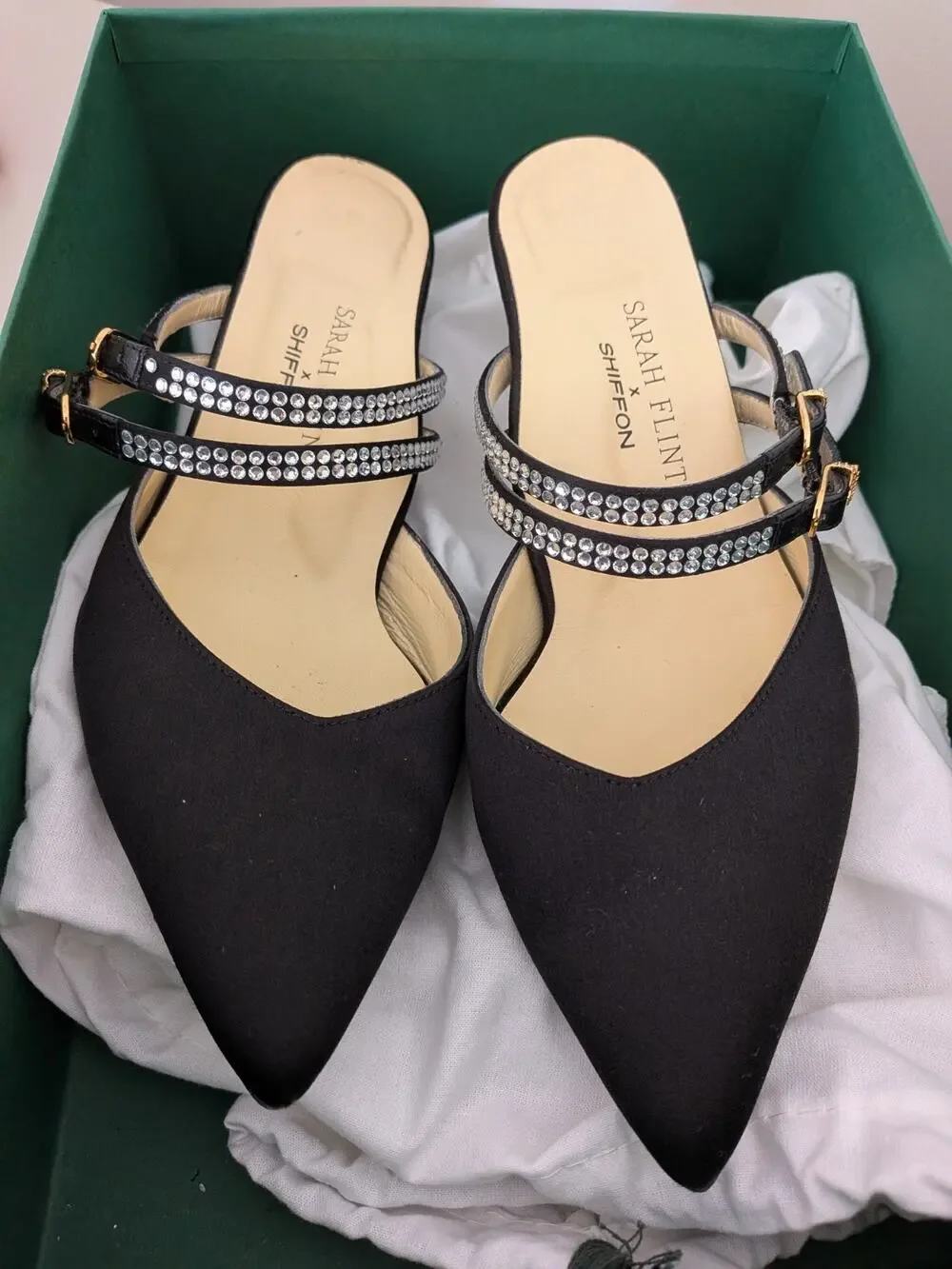 Sarah Flint Black Satin Kitten Mules 7.5 EUC
